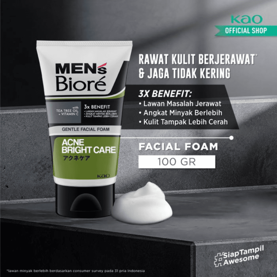 Mens Biore Gentle Facial Foam Acne Bright Care 100GR