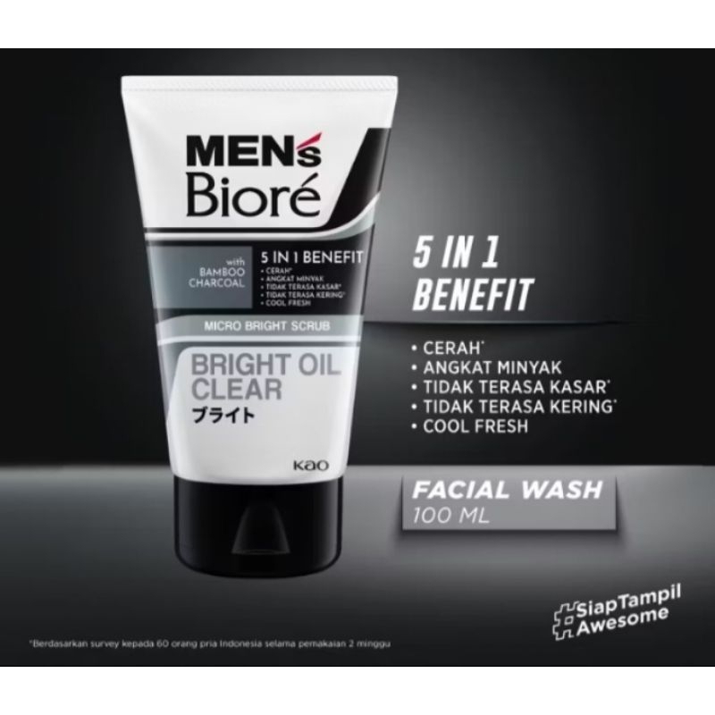 Mens Biore Scrub Facial Wash Bright Oil Clear 100GR