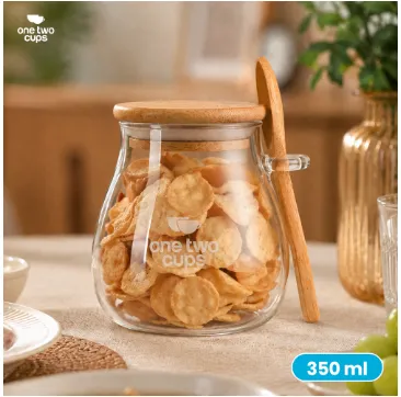Toples Kaca Kayu Vintage dengan Sendok 350ML