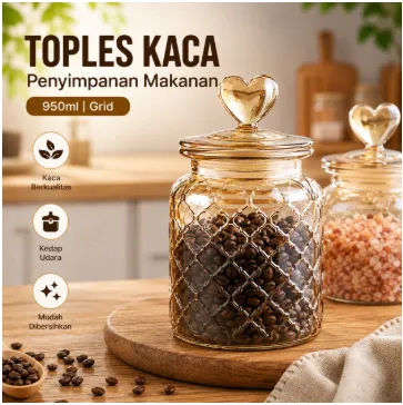 Toples Kaca Untuk Penyimpanan Makanan Kedap Udara Grid 950ML