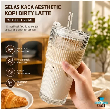 Gelas Kaca Aesthetic Kopi Dirty Latte With Lid 600ML